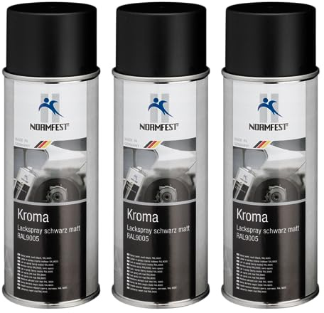 Normfest Kroma Lackspray Schwarz Matt RAL 9005 – Hochwertiger Nitro-Kombinationslack mit hoher Deckkraft, kratzbeständig, witterungs- & lichtbeständig, schnelltrocknend – 3x 400ml
