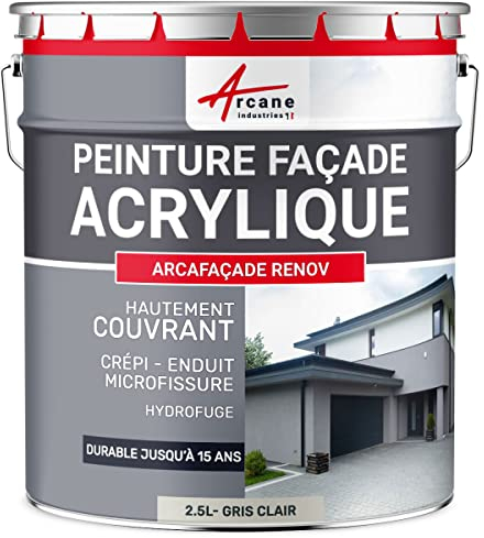 ARCANE INDUSTRIES Peinture Façade - Peinture Hydrofuge Acrylique 14 couleurs - Dure jusqu'à 15 ans - 2.5 L (+ ou - 15 m² en 1 couche) Blanc Gris - RAL 9002