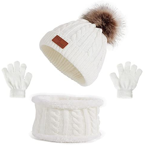 Gorro de Punto Invierno Térmico con Guantes y Bufanda Forro Polar Niños Set Beanie Gorro Sombrero de Punto Invierno Cálido con Pompon para Niños Niñas