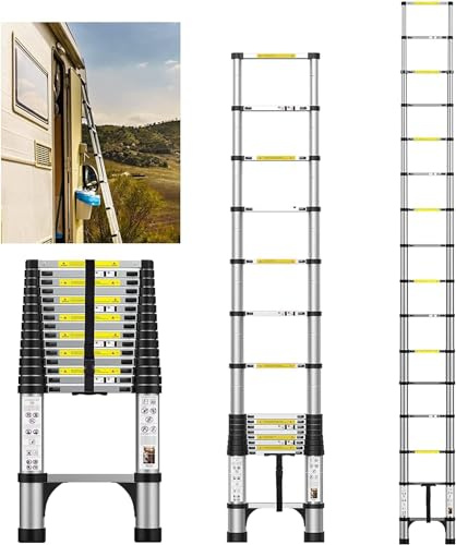 FEETE 15.5FT Telescoping Ladder, Multi-Purpose Aluminum Extension Ladder with Triangle Stabilizers and Non-Slip Feet, Retractable Extendable Ladder for Home, RV and Outdoor Work Silvery