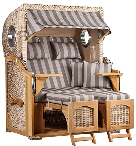 MR. DEKO® Strandkorb Düne Teak 2-Sitzer Bullauge | PE Geflecht Shell | Volllieger Strandstuhl verstellbar | inkl. 4 Kissen Wechselpolster | Strandkörbe fertig montiert aus Teakholz | Dessin 537