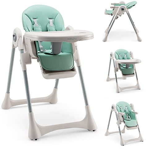 COSTWAY Adjustable Baby Highchair, Foldable Reclining Infants High Chair with Removable Double Trays, Safety Harness and Footrest, Suitable for from 7 Months to 25kg (Green)