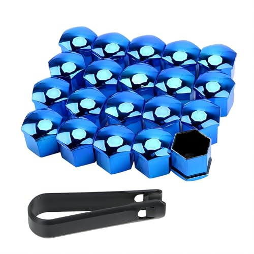 PAITOK Radmutterkappe, 20 Stück Universal Chrom Kunststoff Radbolzenmutternabdeckungen Radmutterabdeckungen mit Entfernungswerkzeug-Set für Autos (Blau, 19mm)