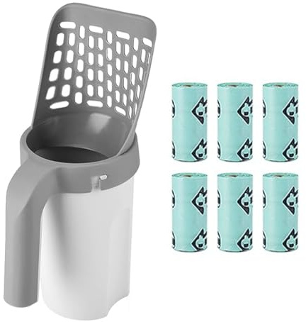 Hsthe Sea Paletta per lettiera per Gatti 2 in 1 con Contenitore e Sacchetti per lettiera per Lo smaltimento della lettiera per Gatti agglomerata, Include 7 Rotoli di Sacchetti per lettiera