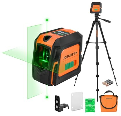 JORGENSEN Laser Level with Tripod & 2 Plumb Dots, 100 FT Self Leveling Point Cross Line Laser Leveler Tool, Wide Angle Green Laser Level for Picture Hanging, Indoor Project, Construction, Carry Bag