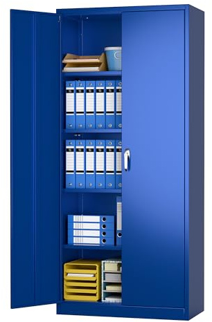 SUPEER Armoire de rangement en métal avec 2 portes et 4 étagères réglables, armoire en acier de 180 cm de haut pour entrepôt, garage, maison, bureau, assemblage facile nécessaire (bleu)