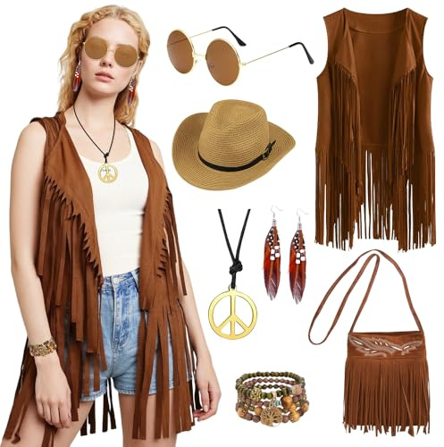 TOSZOLY Costume Hippie Donna Anni 70 60, Gilet Marrone con Frange, Cappello Cowboy e Accessori Boho per Carnevale, Halloween, Disco Party, Western Party