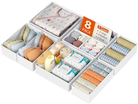 DIMJ Organizer Per Cassetti, Divisori Per Cassetti in Tessuto, Organizzatore Armadio Scatola Pieghevole Salvaspazio Per Vestiti, Biancheria Intima, Calze, Cravatte, 8 Pezzi (Bianco)