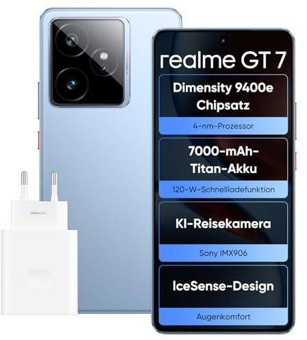 realme GT 7 Smartphone, 5G Dual SIM, 12 GB di RAM, 512 GB di ROM, display AMOLED da 6,8, chipset di punta Dimensity 9400e, batteria Titan da 7000 mAh, fotocamera da 50 MP, Blu (Adattatore incluso)