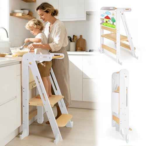 SOFTHOM Montessoriana Torre di Apprendimento Pieghevole, Torre di Apprendimento per Bambini, Tavolo da Disegno/Corrimano di Sicurezza, Regolazione Dell'altezza, Risparmia Spazio, Antiribaltamento