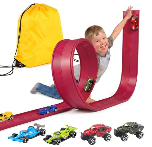Kosmoflux Car Track Flexible Racing Track with 4 Die-Cast Cars and Portable Storage Bag, Race Car Toy for Loops, Jumps, Ramps, Indoor Outdoor STEM Gift for Boys Girls 3-8 Years (Red)