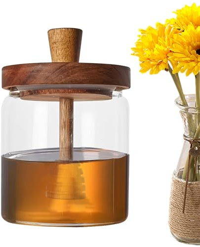 Honungsglas med honungssked – stort förvaringsglas på 500 ml av klarglas, trälocksdispenser med honungssked, lufttät för förvaring av honung, lönnsirap, kaffe, te, köksredskap och för