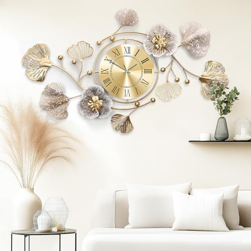 Blissio Wand Uhr,Wanduhr Groß,Retro Ginkgo Leaf Design,Wanduhr Lautlos - Tickt Nicht,Kann Vertikale und Horizontale Aufhängung,für Wohnzimmer,Schlafzimmer,Studie,Küchenuhr