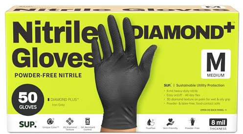 SUPER+ HEAVY DUTY Nitrile Gloves 8 Mil Diamond Texture Disposable Chemical Resistant Powder &Latex Free Food Safe Black 50 Ct (Medium)