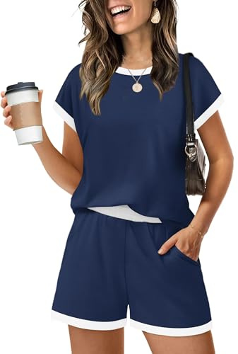 Desol Women's Tracksuit Full Set Lounge Wear Sets Coord Short Sleeve Shirt and Shorts Suits Tracksuit Sweatsuit Casual Navy Blue S