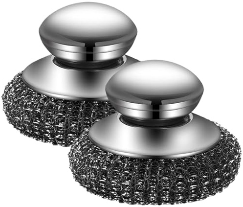AZIDWERYQ Stainless Steel Scrubber 2Pcs 3.9x2.6in Metal Scourer with Handle Hand Caring Replaceable Kitchen Cleaning Brush for Dishes, Pan, Pot, Stove, Plate Stainless Steel Scrubber