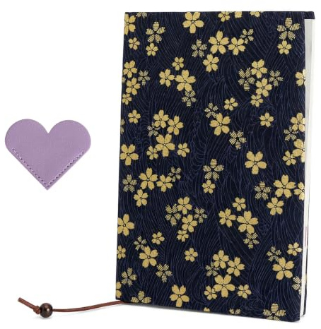 Protège Livre A5, Housse Livre Tissu avec Marque-Page Coeur - Couverture lavable réutilisable motif floral bleu foncé pour romans, carnets, scrapbooking, étudiants, lecteurs, idée cadeau lecture