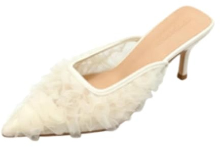 Genérico Zapatos De Tacón De Gatito para Mujer Volantes De Tul Punta Afilada Mules,Blanca,35 EU