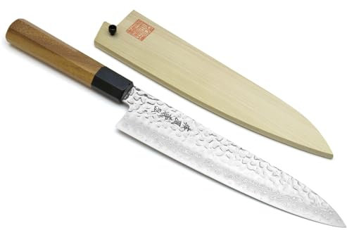 Yoshihiro VG-10 Cuchillo de chef japonés Gyuto de Damasco martillado de 46 capas (mango octogonal de Ambrosia) (7 pulgadas (180 mm)