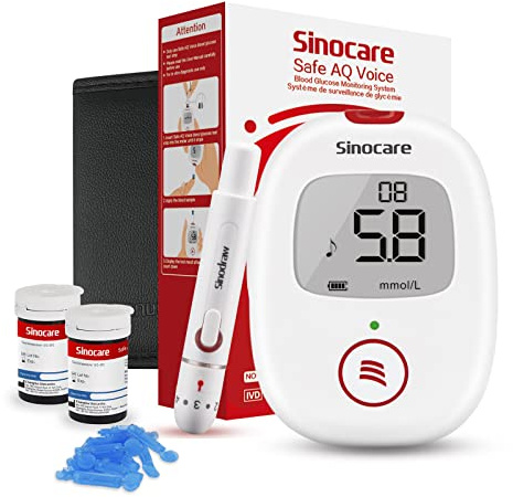 sinocare Diabetes Testing Kit / Blood Glucose Monitor Safe AQ Voice / Glucometer with Voice Reminder and Light Warning, with Blood Sugar Test with Strips x 50 & Case -in mmol/L
