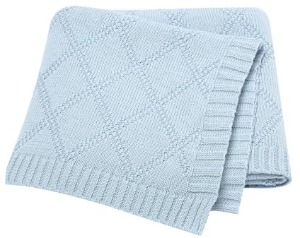 Hadetoto 100% Cotton Baby Blanket for Girls Boys - Blue | Soft Crochet Knit, Newborn Essentials Gifts, Lightweight, Nursery Bedding