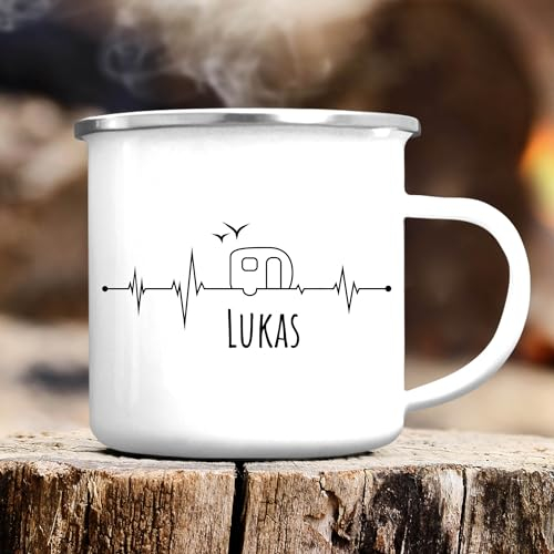 Wandtattoo Loft Campingbecher Emaille Becher Herzschlag Herzfrequenz Camper Wohnwagen Wunschname, silber