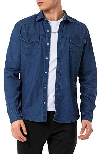 Red Bridge Camisa vaquera para hombre, informal, con bolsillo en el pecho, azul oscuro, S
