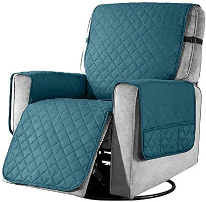 Recliner Chair Cover Pad with 6 Side Pockets, Reclining Chair Adjustable Soft Non-slip Buckles Protective Armchair Sofa Cushion Furniture Protector for Home with Children and Pets Dog (Small, Blue)