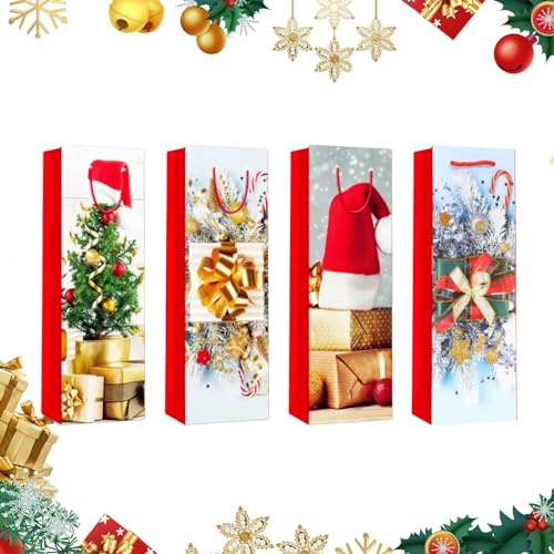 Bolsas Para Botellas de Vino Navidad con Fuerte Asas,12 Reciclable Bolsas Papel Kraft Vino Envasado con Diferentes Patrones Regalos de Embalaje Botellas para Whisky Champán en Navidad Fiestas
