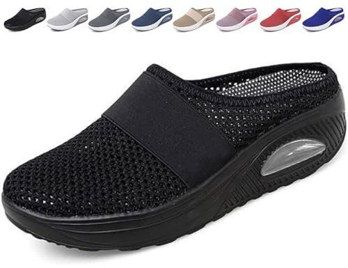 GYCF Zapatillas Ortopédicas Mujer Verano,Zapatos para Caminar sin Cordones,Sandalia Diabéticos Deporte con Plataforma Elástica Malla,Zapatillas Deporte,Negro,42EU