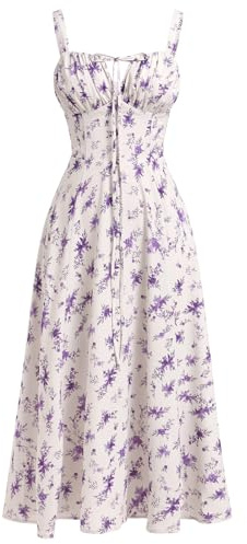 IBTOM CASTLE Vestido de corsé floral para mujer, cuello cuadrado, tirantes delgados, vestido de verano bohemio casual con abertura fluida, Morado-floral, XS