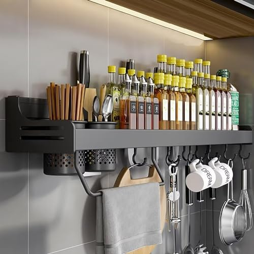 Xinwanhong Gewürzregal Wand aus Metall, Gewürzregale Ohne Bohren mit Handtuchhalter und 6 Haken, Gewürzregal Hängend, Spice Rack Bietet Platz für Messer, Essstäbchen und Löffel, Schwarz, 40cm