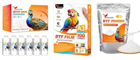 Yitentek DTF Ink & Film & Powder Set - 6000ML No Sediment White DTF Transfer Ink + DTF Transfer Film A3 (11.7 x 16.5) 100 Sheets Double Sided Cold & Hot Peel PET Film + DTF Powder 1000g / 35.27oz