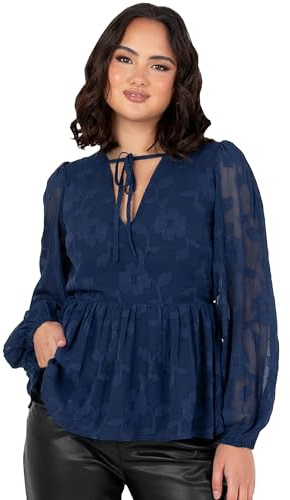 Lovedrobe Women's Floral Top Ladies Blouse Long Balloon Sleeve V-Neckline Peplum Chiffon Tie Front Smart Casual Office Wear, Bleu Marine 50