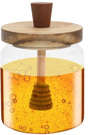 TNSLAND Pot de Miel Avec Cuillere en Bois Pot de Miel Avec Couvercle Pot à Miel Avec Couvercle et Cuillère Récipient à Miel pour La Conservation du Miel Cuisine pour La Conservation du Miel 400ml