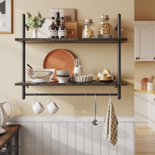 Bestier Industrial Pipe Wall Shelf, 80cm Floating Shelves with Towel Bar and Hooks, Rustic Wall-Mounted Storage Rack for Kitchen, Bathroom, Coffee Bar or Living Room – Charcoal Black