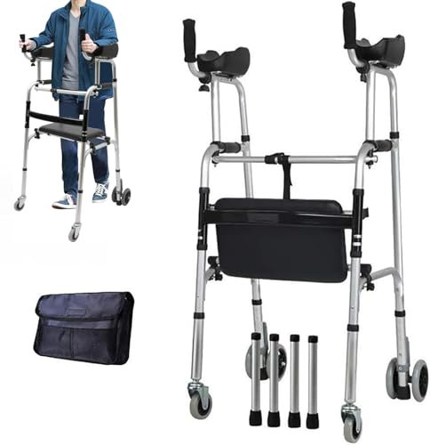 Déambulateur droit, déambulateur pliable en aluminium avec roues, avec support de bras, cadres de marche réglables en hauteur (avec siège et sac de rangement)