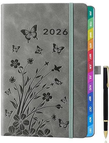 2026 A5 Week-to-View Diary & Planner (Jan 2026 - Dec 2026) – Grey, Floral Design, with Colorful Monthly Tabs, Elastic Pen Holder, 2 Bookmarks, Pen Loop, and Inner Pocket