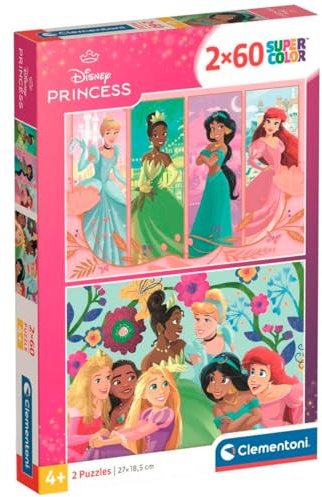 Clementoni - Puzzle per Bambini 2x60 Pezzi Supercolor, per Bambini 4+ Anni, Illustrazione Disney Princess, Idea Regalo, Made in Italy, 27x19 cm, 24824