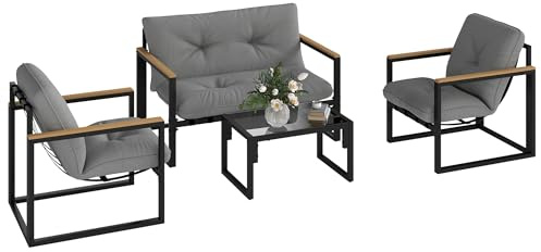 Outsunny Set Salotto da Giardino da 4 Pezzi, con Divanetto da Esterno a 2 Posti con Cuscini, 2 Sedie e Tavolino da Caffè in Vetro, Set di Mobili in Acciaio e Poliestere, Grigio e Nero