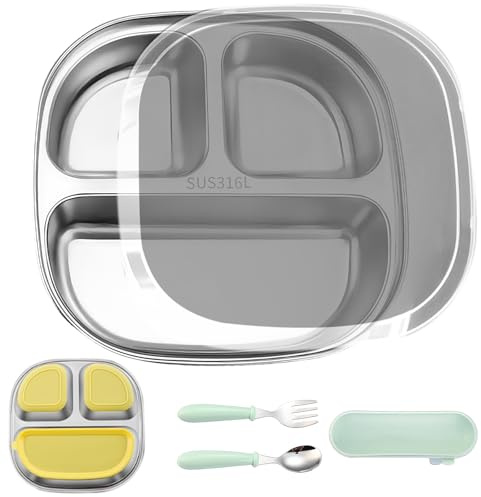 GOEDCH Piatto in acciaio inox con ventosa: piatti divisi con coperchio, cucchiai e forchette, vassoio antiscivolo per bambini, non tossico, set per svezzamento e auto-alimentazione