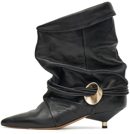 Seborluys Womens Black Slouchy Kitten Heel Ankle Boots Wide Calf Fold Over Slouch Cowboy Boots Pointed Toe Low Kittens Heel Slip On Slouch Boho Causal Dressy Comfortable Short Booties,Size 7