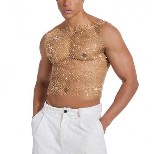 RuiChy Débardeur Résille Homme Haut Pailleté Sexy Chemise Transparente sans Manches Maillot de Corps Déchiré Tenue Extravagante pour Soirées en Boîte et Festivals Musicaux