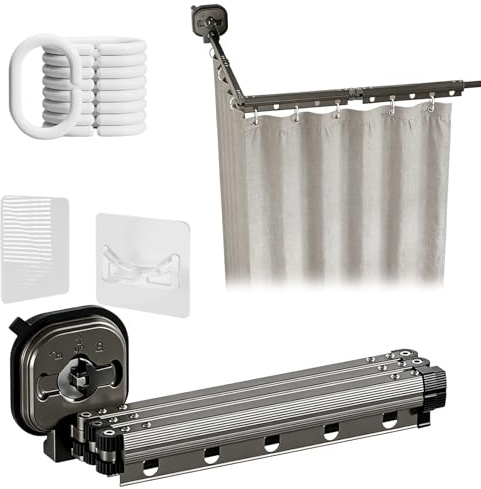 Barre de Douche sans Percage, Rideau de Douche Pliable 4Volets avc 1,8 m × 2 m Rideau Douche, Tringle Rideau à Ventouse pliable à 360°, pour Salles de Bain, Baignoire, Vestiaires