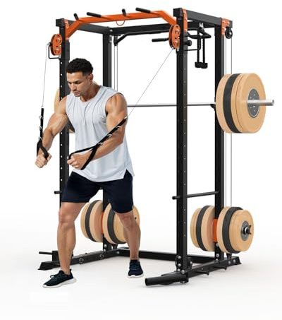 Power Cage, Power Rack with Cable Crossover System, 2000LBS Squat Rack with LAT Pull Down System, Workout Cage with Pulley System for Fitness Home Gym Strength Training, Orange & Black