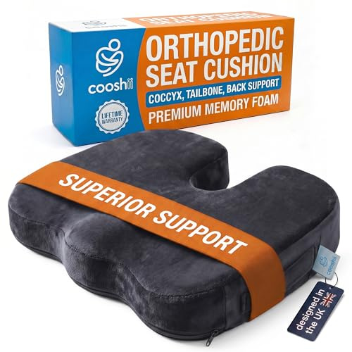 Cooshii Memory Foam Seat Cushion Ergonomic Coccyx Support for Posture, Sciatica & Long Sitting – Office Chair Cushion for Car, Desk, Gaming – Supportive Sitting Pad for Tailbone Back & Hips