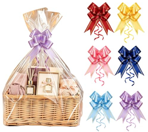 Cellophane Wrap for Hampers, Large Clear Cellophane Bags 70x50cm | Clear plastic gift wrapping bags with colorful bows, ideal for gift baskets, presents & various celebration hampers