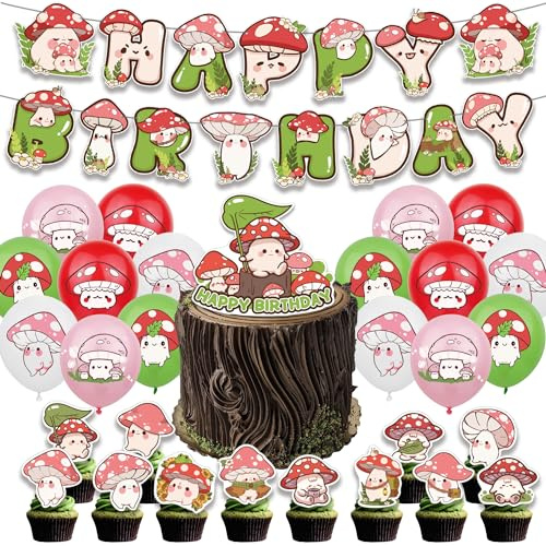 Les décorations pour une fête sur le thème des champignons rouges comprennent des banderoles, des ballons en forme de champignons, des décorations pour gâteaux en forme de champignons et des décoratio