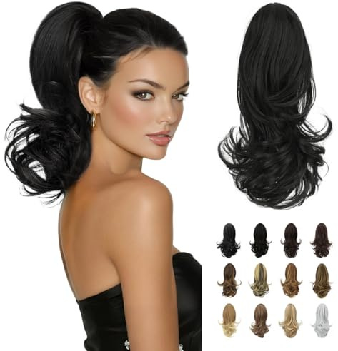 SOFEIYAN 13 Inch Ponytail Extension, Medium Length Wavy Claw Clip Pony Tails Hair Extensions, Lightweight, All-Day Comfort, Natural-Looking Synthetic Hairpiece for Women, Daily Work Use, Black