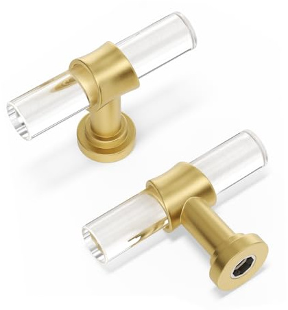 Peaha 10 Pack Cabinet Knobs T Shape Acrylic Drawer Knob Gold Decorative Hardware for Dresser Cupboards